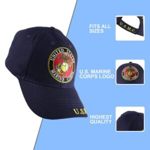 USMC Logo Hat for Men and Women, Officially Licensed Product, Adjustable Velcro Strap Baseball Cap - USMC Logo Embroidered Baseball Cap Beautifully Stitched Lettering on Front & Back (Navy Blue)