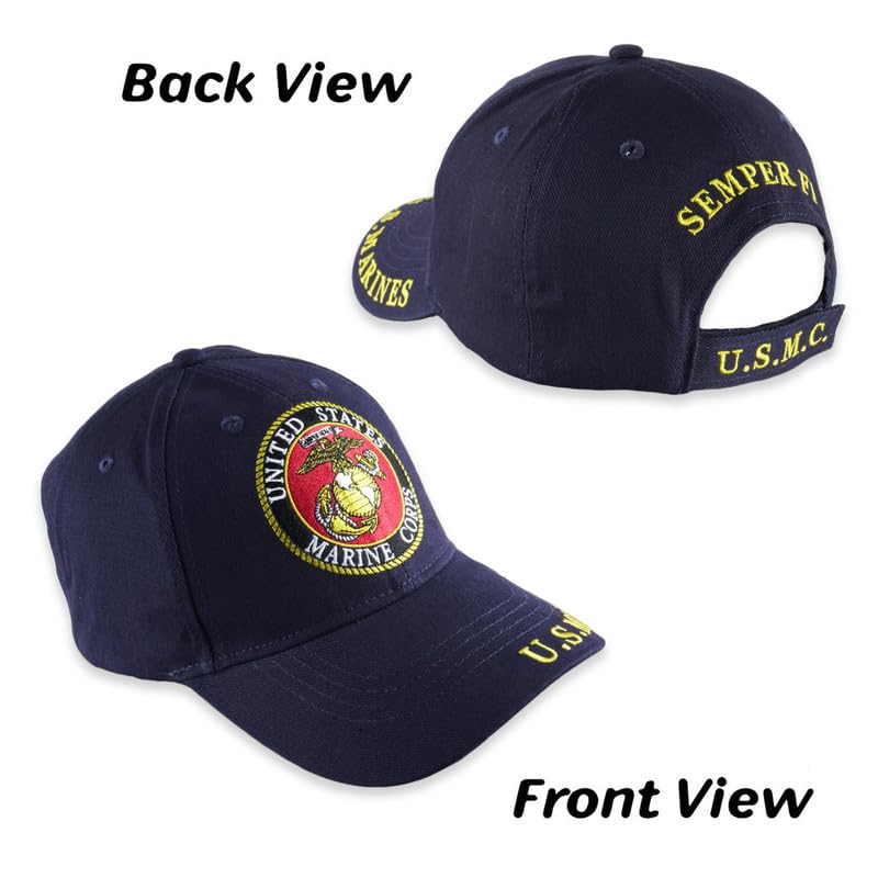 USMC Logo Hat for Men and Women, Officially Licensed Product, Adjustable Velcro Strap Baseball Cap - USMC Logo Embroidered Baseball Cap Beautifully Stitched Lettering on Front & Back (Navy Blue)