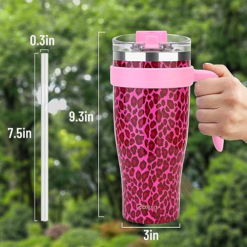 Zukro 40 oz Mug Tumbler With Flip Straw and Handle, Leak Proof Vacuum Insulated Stainless Steel Cup with 2-in-1 Lid Fit in Cup Holder, No Sweat, Keeps Cold for 24 Hours, Rose Cheetah