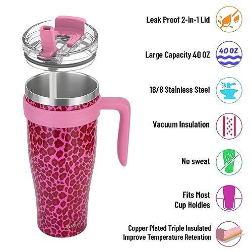 Zukro 40 oz Mug Tumbler With Flip Straw and Handle, Leak Proof Vacuum Insulated Stainless Steel Cup with 2-in-1 Lid Fit in Cup Holder, No Sweat, Keeps Cold for 24 Hours, Rose Cheetah