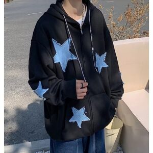 Y2K Hoodies Grunge Full Zip Jacket Oversized Star Graphic Sweatshirts Acubi Gothic Clothes Hippie Emo Pullover Coats (Black,L)