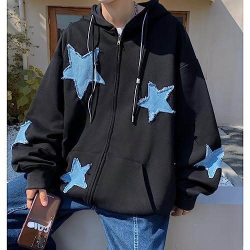 Y2K Hoodies Grunge Full Zip Jacket Oversized Star Graphic Sweatshirts Acubi Gothic Clothes Hippie Emo Pullover Coats (Black,L)