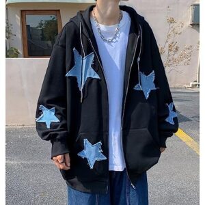 Y2K Hoodies Grunge Full Zip Jacket Oversized Star Graphic Sweatshirts Acubi Gothic Clothes Hippie Emo Pullover Coats (Black,L)