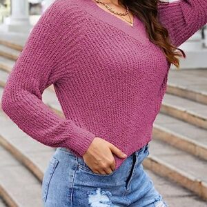Dokotoo Solid V Neck Cropped Sweaters for Women Fall Casual Long Sleeve Knitted Pullover Jumper Tops Red Medium