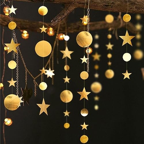 Gold Party Decorations Star Circle Dot Paper, Banner Bunting Streamer Hanging Garland Decorations, Hanging Streamer Backdrop for Birthday Party Decorations Wedding Bachelorette Engagement (QS201)