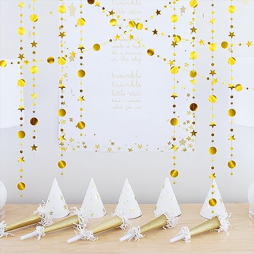 Gold Party Decorations Star Circle Dot Paper, Banner Bunting Streamer Hanging Garland Decorations, Hanging Streamer Backdrop for Birthday Party Decorations Wedding Bachelorette Engagement (QS201)