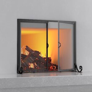 fire beauty fireplace screen with hinged doors, powder coated steel frame, metal mesh, handcrafted solid steel,decorative design, free standing spark guard