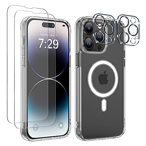 NuSpec for iPhone 14 Pro Max Case 6.7-Inch, [5 in 1 Bundle] 1X [Clear Shockproof Slim Case] 2X [Glass Screen Protector] 2X [Camera Lens Protector] [Anti Yellowing] [Military-Grade Drop Protection]