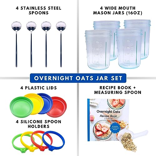 KARD LABS - Overnight Oats Jar Set with Recipe Book, 16 oz Glass Mason Jars for Overnight Oats with Measuring Cup, Lids and Stainless Steel Spoons, 4 Pack