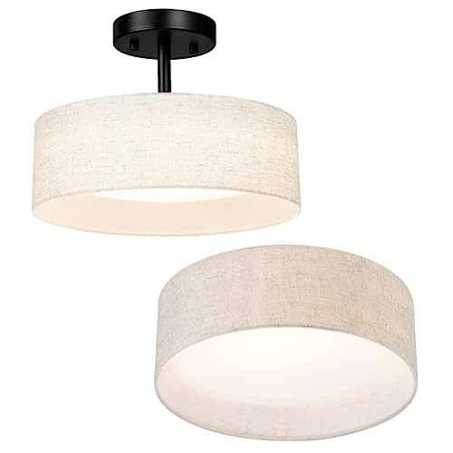 Hamilyeah Semi Flush Mount Ceiling Light with White Fabric Shade, 12 inch LED Light Fixtures Ceiling Mount, Modern LED Ceiling Light for Bedroom, Kitchen, Foyer, Living Room