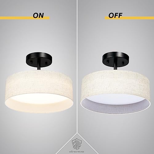 Hamilyeah Semi Flush Mount Ceiling Light with White Fabric Shade, 12 inch LED Light Fixtures Ceiling Mount, Modern LED Ceiling Light for Bedroom, Kitchen, Foyer, Living Room