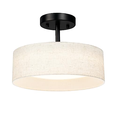 Hamilyeah Semi Flush Mount Ceiling Light with White Fabric Shade, 12 inch LED Light Fixtures Ceiling Mount, Modern LED Ceiling Light for Bedroom, Kitchen, Foyer, Living Room