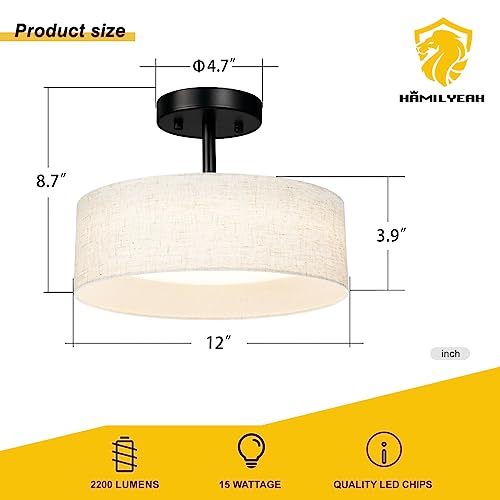 Hamilyeah Semi Flush Mount Ceiling Light with White Fabric Shade, 12 inch LED Light Fixtures Ceiling Mount, Modern LED Ceiling Light for Bedroom, Kitchen, Foyer, Living Room