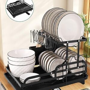 YUSHINDI 2 Tier Collapsible Dish Drying Rack for Kitchen Counter，Stainless Steel Dish Racks ，Space-Saving & Multipurpose，Dish Rack for Kitchen Counter with Utensil Holder,， Large-Capacity, Black