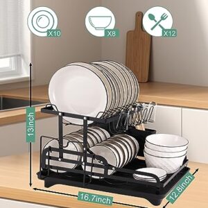YUSHINDI 2 Tier Collapsible Dish Drying Rack for Kitchen Counter，Stainless Steel Dish Racks ，Space-Saving & Multipurpose，Dish Rack for Kitchen Counter with Utensil Holder,， Large-Capacity, Black