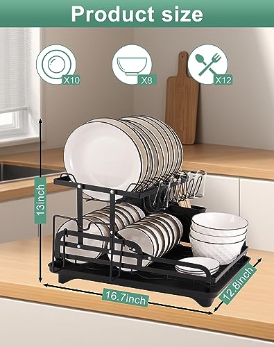 YUSHINDI 2 Tier Collapsible Dish Drying Rack for Kitchen Counter，Stainless Steel Dish Racks ，Space-Saving & Multipurpose，Dish Rack for Kitchen Counter with Utensil Holder,， Large-Capacity, Black