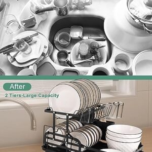 YUSHINDI 2 Tier Collapsible Dish Drying Rack for Kitchen Counter，Stainless Steel Dish Racks ，Space-Saving & Multipurpose，Dish Rack for Kitchen Counter with Utensil Holder,， Large-Capacity, Black