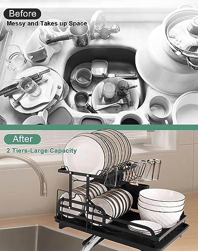 YUSHINDI 2 Tier Collapsible Dish Drying Rack for Kitchen Counter，Stainless Steel Dish Racks ，Space-Saving & Multipurpose，Dish Rack for Kitchen Counter with Utensil Holder,， Large-Capacity, Black