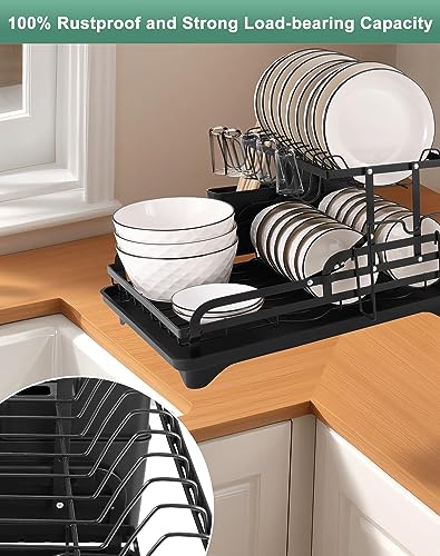 YUSHINDI 2 Tier Collapsible Dish Drying Rack for Kitchen Counter，Stainless Steel Dish Racks ，Space-Saving & Multipurpose，Dish Rack for Kitchen Counter with Utensil Holder,， Large-Capacity, Black