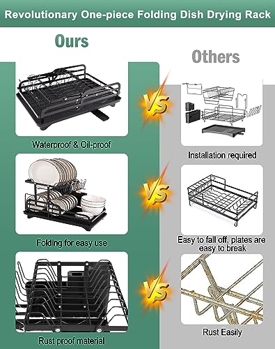 YUSHINDI 2 Tier Collapsible Dish Drying Rack for Kitchen Counter，Stainless Steel Dish Racks ，Space-Saving & Multipurpose，Dish Rack for Kitchen Counter with Utensil Holder,， Large-Capacity, Black