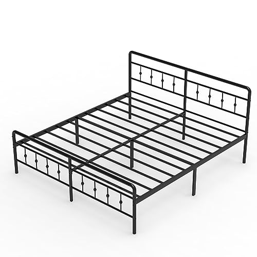 DiaOutro 16 Inch King Bed Frame with Headboard and Footboard, Classic Metal Platform No Box Spring Needed Heavy Duty Victorian Style Iron-Art Mattress Foundation/Under Bed Storage/Noise Free