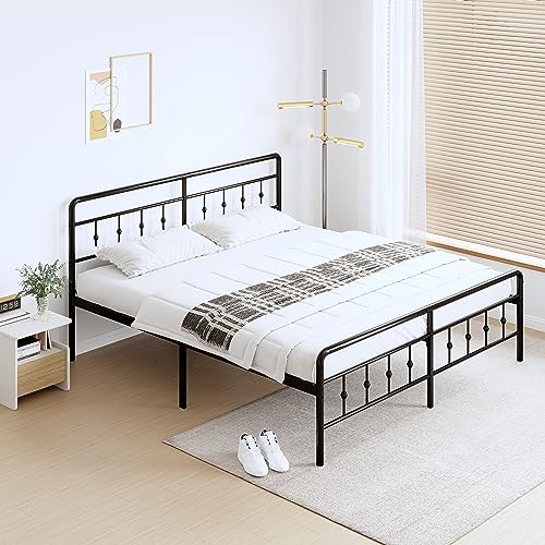 DiaOutro 16 Inch King Bed Frame with Headboard and Footboard, Classic Metal Platform No Box Spring Needed Heavy Duty Victorian Style Iron-Art Mattress Foundation/Under Bed Storage/Noise Free