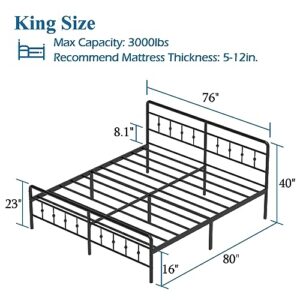 DiaOutro 16 Inch King Bed Frame with Headboard and Footboard, Classic Metal Platform No Box Spring Needed Heavy Duty Victorian Style Iron-Art Mattress Foundation/Under Bed Storage/Noise Free