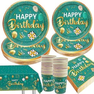 xfongfron teal and gold happy birthday decorations birthday party disposable tableware with teal gold plates napkins cups and tablecloth for 30 guests