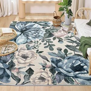 frozzur 5x7 floral area rug for living room, vintage beige blue flower rugs for bedroom non slip, washable boho area rug indoor carpet for home decor
