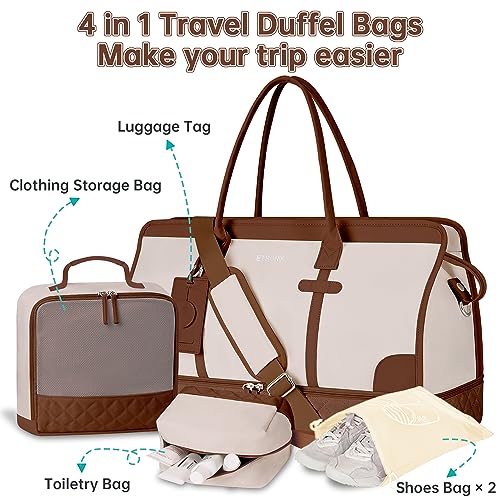 ETRONIK Weekender Overnight Bag for Women, Large Travel Duffle Bag with Shoe Compartment & Wet Pocket, Carry On Tote Bag Gym Duffel Bag with Toiletry Bag, Bag for Hospital 4 Pcs Set, Beige-Brown
