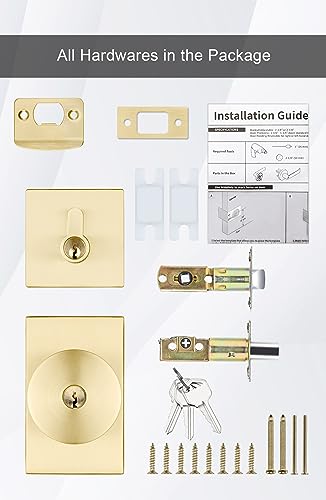 goldenwarm Keyed Alike Gold Door Knob with Deadbolt, Square Contemporary Brushed Gold Exterior Door Lock Set with Deadbolt, Heavy Duty Brass Front Entry Door Locksets with Deadbolt(1 Pack)