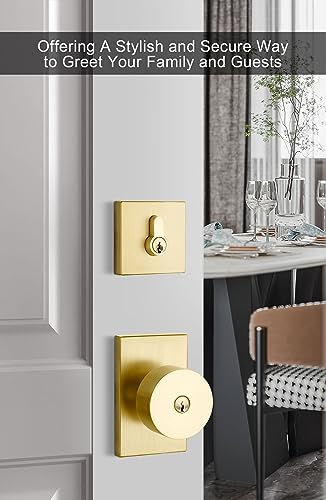 goldenwarm Keyed Alike Gold Door Knob with Deadbolt, Square Contemporary Brushed Gold Exterior Door Lock Set with Deadbolt, Heavy Duty Brass Front Entry Door Locksets with Deadbolt(1 Pack)