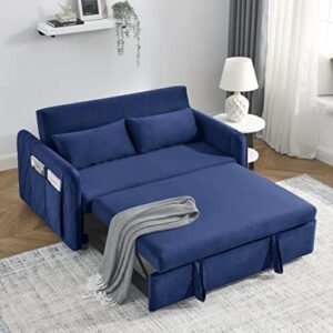 eafurn 55" modern convertible sleeper 2 detachable arm pockets, velvet loveseat pull out bed, small love seat lounge sofa & couch w/reclining backrest, toss pillows,furniture for living room, blue