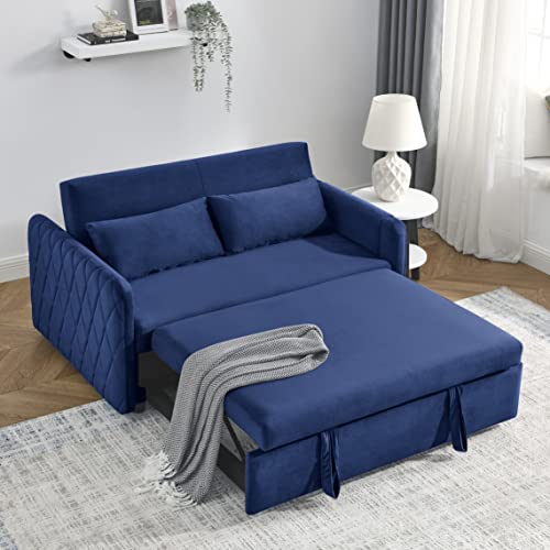 Eafurn 55" Modern Convertible Sleeper 2 Detachable Arm Pockets, Velvet Loveseat Pull Out Bed, Small Love Seat Lounge Sofa & Couch w/Reclining Backrest, Toss Pillows,Furniture for Living Room, Blue