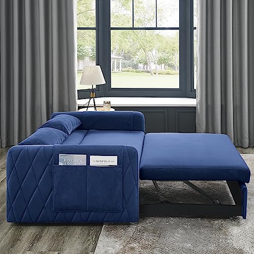 Eafurn 55" Modern Convertible Sleeper 2 Detachable Arm Pockets, Velvet Loveseat Pull Out Bed, Small Love Seat Lounge Sofa & Couch w/Reclining Backrest, Toss Pillows,Furniture for Living Room, Blue