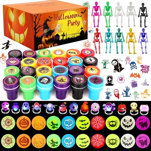 96pcs Halloween Party Favors for Kids, Halloween Party Goodies Bags Toys with Stretchy Skeletons Stamps Glowing Bouncy Balls and LED Flash Rings, Halloween Prizes for Trick or Treat School Classroom Rewards for Kids Boys Girls