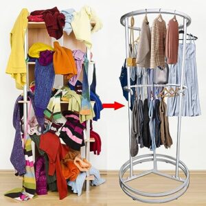 AMSXNOO Floor-Standing Rotating Coat Rack, Portable Double Layer Round Storage Garment Rack, Clothing Display Stand Hanging Apparels Shelf for Bedrooms Boutiques Retail Commercial