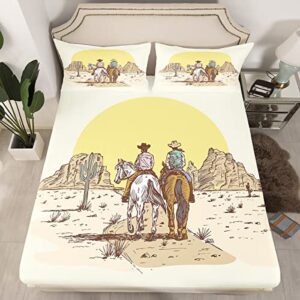 erosebridal cowboys fitted sheet full wild west bed sheets for men women kids american western riding horses sunset mountain cactus cowgirl sheets cartoon hand drawn yellow brown bedding set
