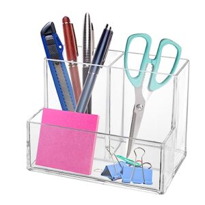 Zbtezna Pen Holder, Clear Acrylic Makeup Brush Holder, Pencil Holder for Desk with Sticky Notes Holder and 3 Compartments, Pencil Organizer for Pen, Art Supply, Makeup Brush(Clear)