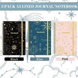 Tersus Spiral Notebook - 3 Pack A5 Lined Journal Notebook, Journals for Women, 6.3" x 8.3", 160 Pages, College Ruled Spiral Notebook with Back Pocket, Elastic Closure for Office, School & Home