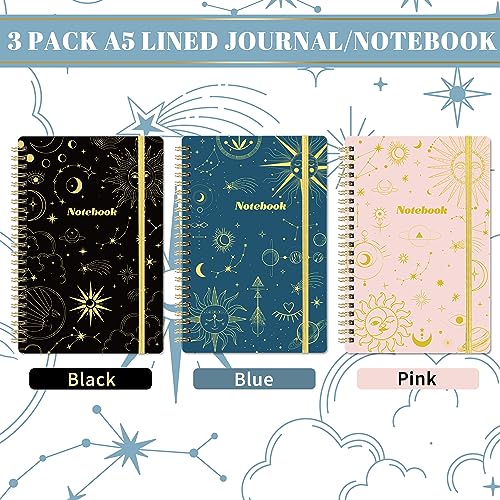 Tersus Spiral Notebook - 3 Pack A5 Lined Journal Notebook, Journals for Women, 6.3" x 8.3", 160 Pages, College Ruled Spiral Notebook with Back Pocket, Elastic Closure for Office, School & Home