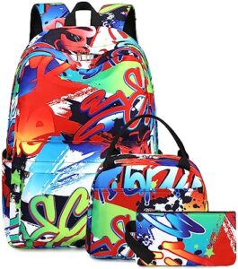 bluboon school backpack for boys teens bookbag travel daypack kids girls lunch bag pencil case (doodle-3pcs)