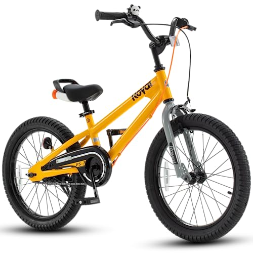 Royalbaby Freestyle 7 Kids Bike 18 Inch Wheel Dual Handbrakes Bicycle Beginners Boys Girls Ages 5-8 Years, Kickstand and Water Bottle Included, Yellow