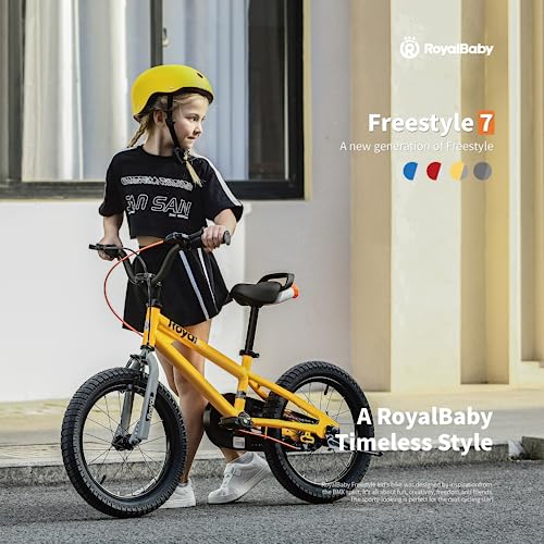 Royalbaby Freestyle 7 Kids Bike 18 Inch Wheel Dual Handbrakes Bicycle Beginners Boys Girls Ages 5-8 Years, Kickstand and Water Bottle Included, Yellow