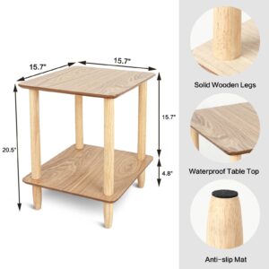 ECOMEX Patio Side Table, Outdoor End Table for Patio with 2-Tier Open Storage Shelf Wood Frame Side Table Rectangular Patio Side Table for Outdoors, Easy Assembly Natural Wood 1Pc