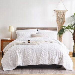flymme white full size comforter sets with sheets,tufted bed in a bag 7 pieces, chevron boho shabby chic farmhouse bedding set,soft microfiber comforter for all season（white,80”*90”）