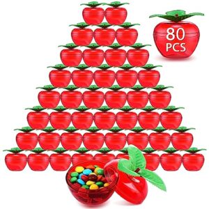 Leinuosen 80 Pack Red Apple Container 2 Inch Mini Apple Shaped Container Plastic Candy Jars Filled Apple Decorations Apple Candy Toy Gift for Teacher Fall Christmas Birthday Wedding Party Favors