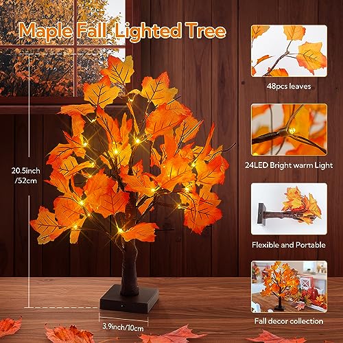 Woohaha 24LED Fall Tree Lighted Maple Tree,Thanksgiving Decoration Maple Leaf Table Tree,Timer Battery Operate Fall Decor Lights for Indoor Outdoor Holiday Autumn Harvest Xmas Party Home Decor