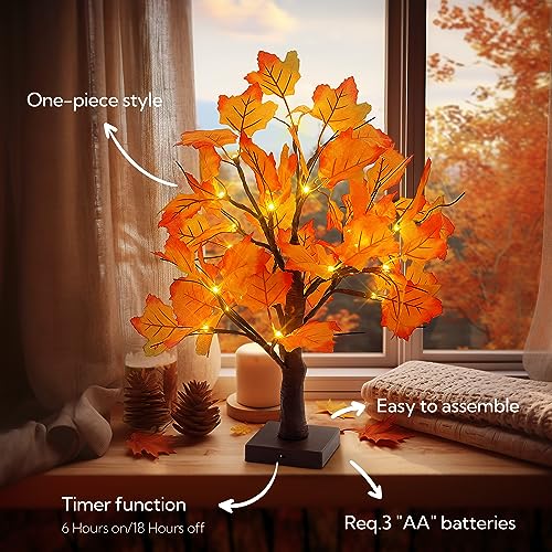 Woohaha 24LED Fall Tree Lighted Maple Tree,Thanksgiving Decoration Maple Leaf Table Tree,Timer Battery Operate Fall Decor Lights for Indoor Outdoor Holiday Autumn Harvest Xmas Party Home Decor