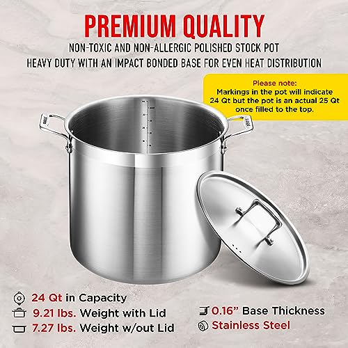 Stockpot – 24 Quart – Brushed Stainless Steel – Heavy Duty Induction Pot with Lid and Riveted Handles – For Soup, Seafood, Stock, Canning and for Catering for Large Groups and Events by BAKKEN